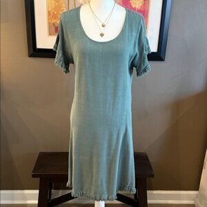 UMGEE Minimalist Scandi Sage Green Cotton Linen Blend Fringe Shift Dress XL